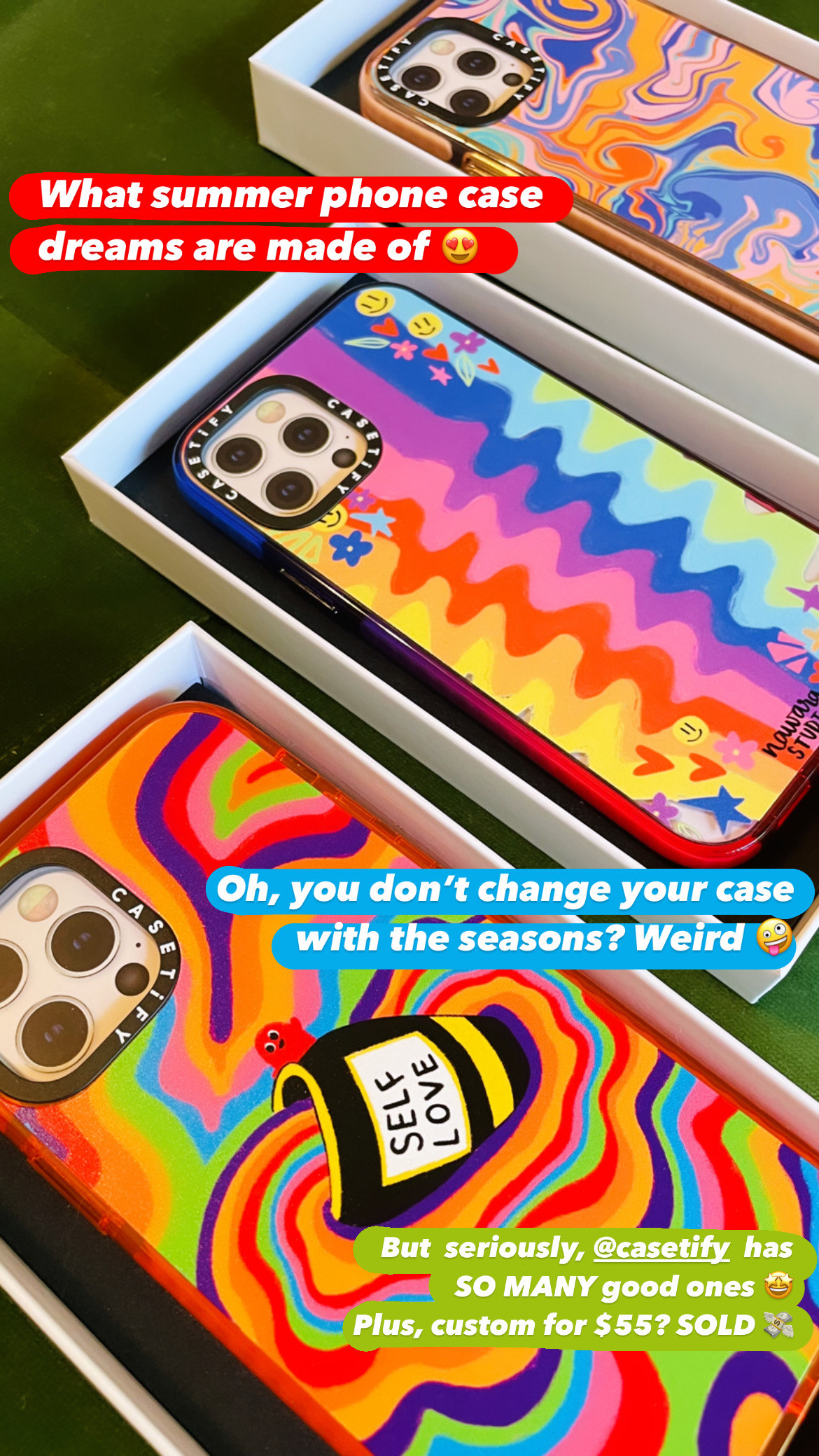 Three colorful custom Casetify Impact cases.