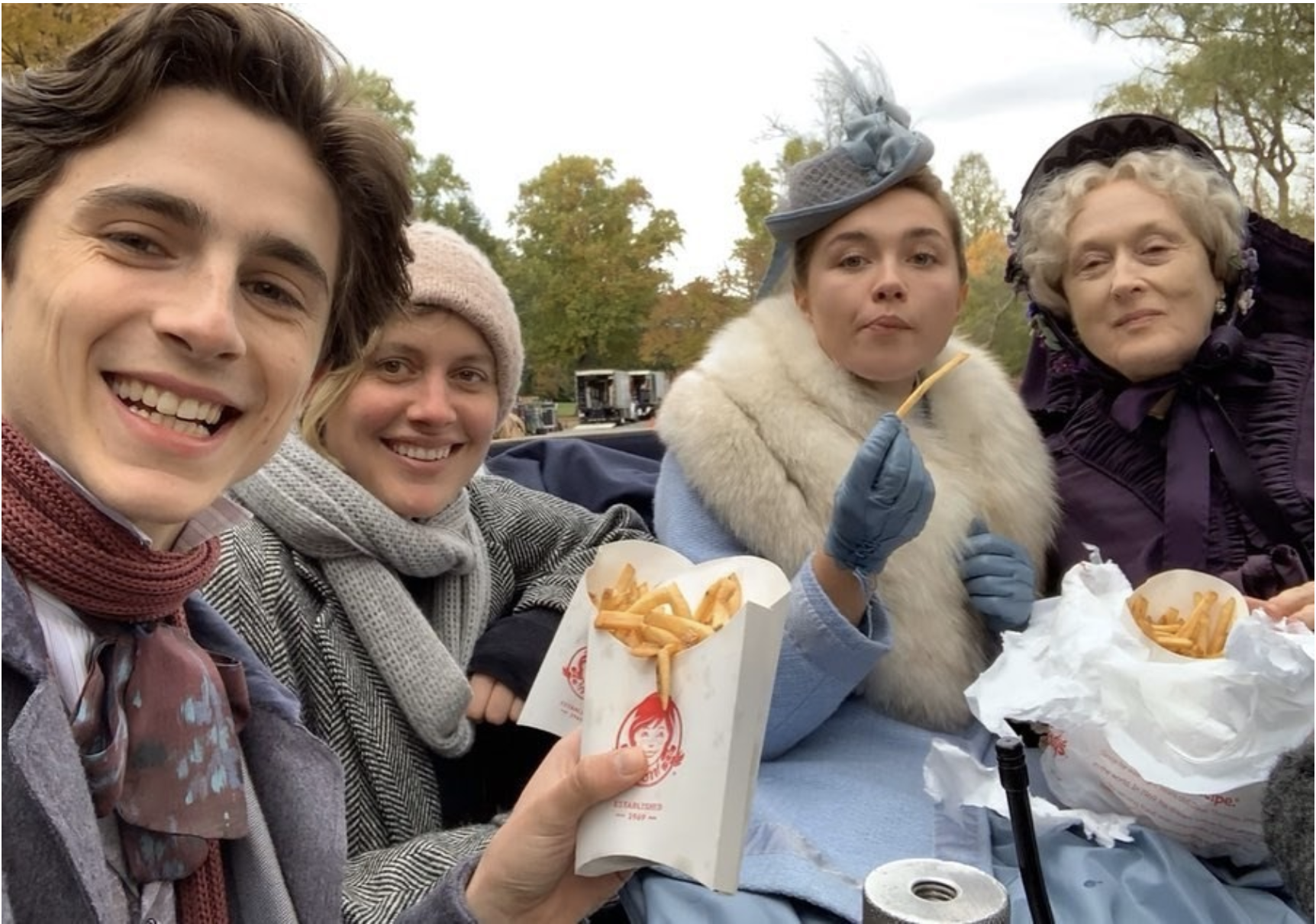 Timothee Chalamet, Greta Gerwig, Florence Pugh, and Meryl Streep eating french fries