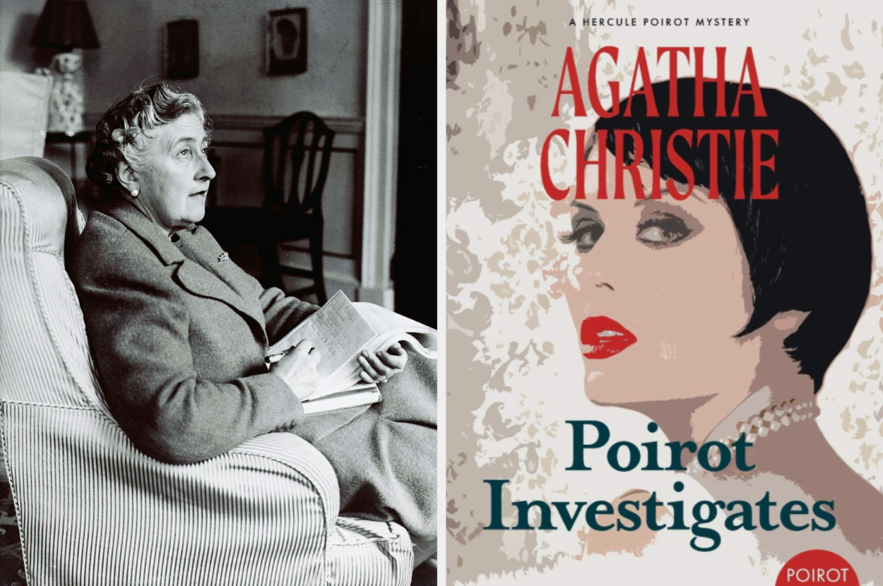 Agatha Christie alongside a book of hers entitled Poirot Investigates