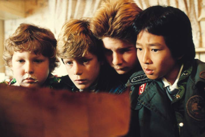 Jeff Cohen, Sean Astin, Corey Feldman, Jonathan Ke Quan as the Goonies