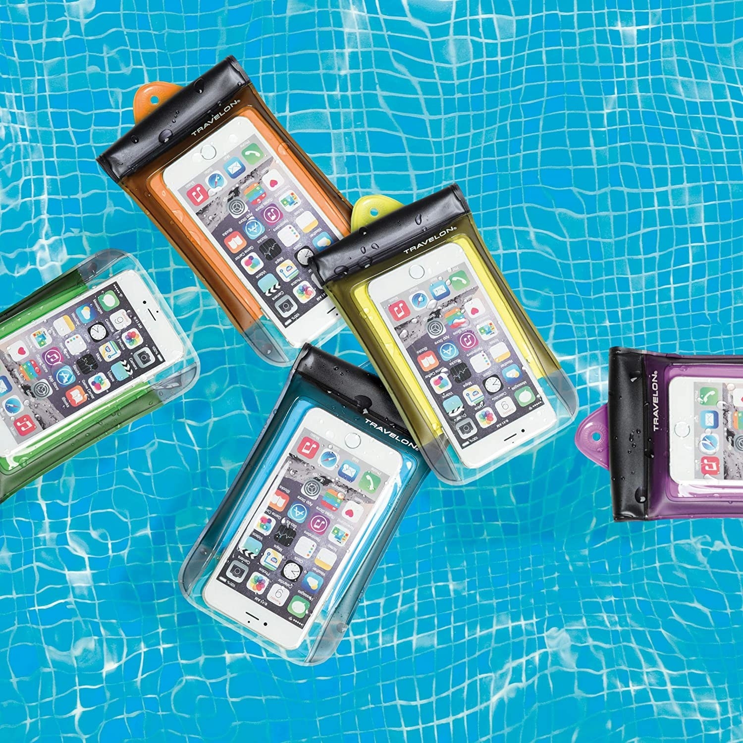 Several phones floating in a pool while safe inside the waterproof cases