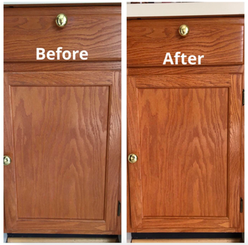 A customer review before and after photo showing their upgraded kitchen cabinets