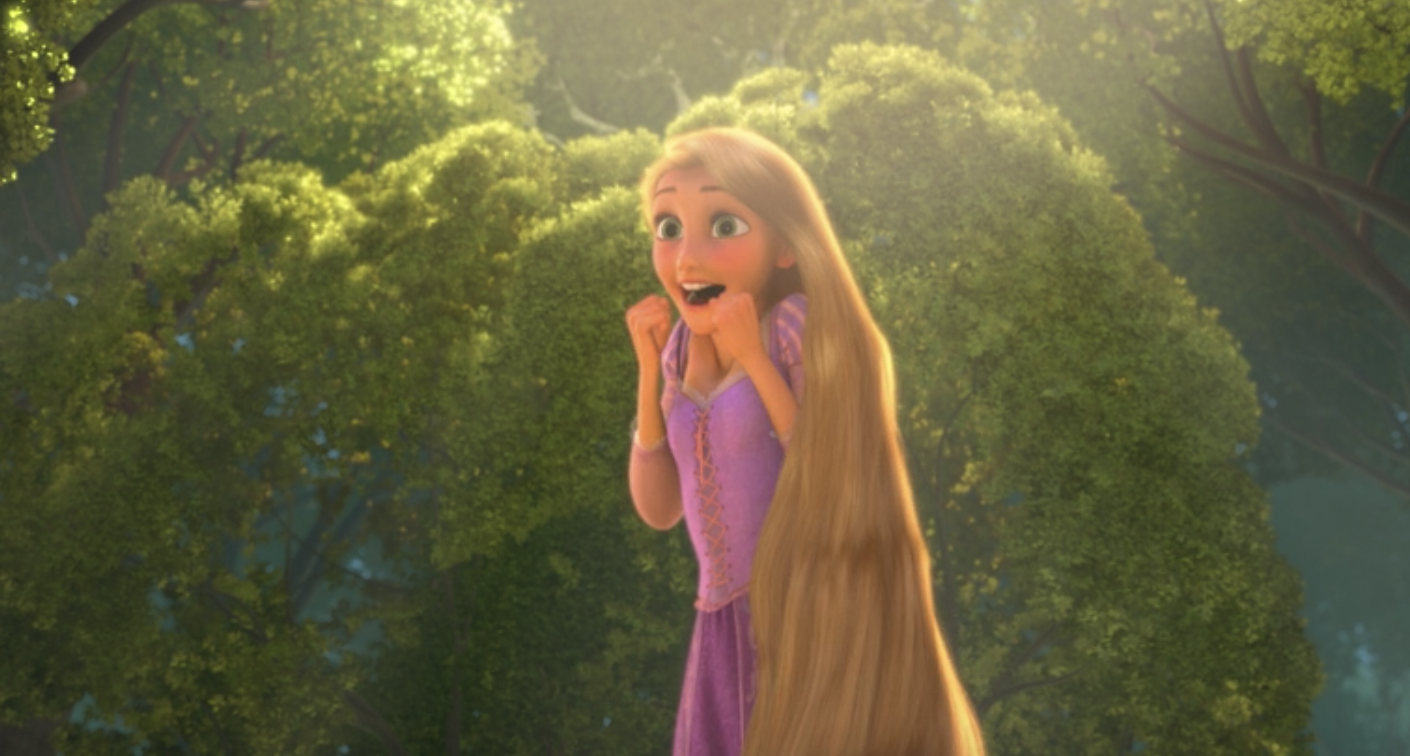 Rapunzel smiles excitedly as she stands outside in the forest