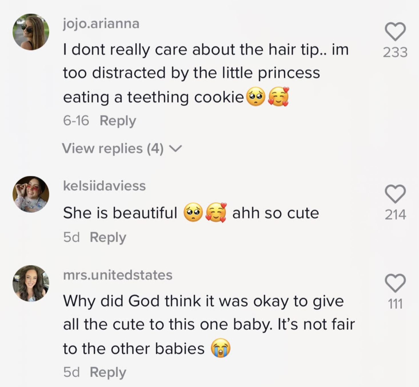 Several TikTokers commenting on how they&#x27;re distracted by how &quot;beautiful&quot; and &quot;cute&quot; &quot;the little princess eating a teething cookie&quot; is
