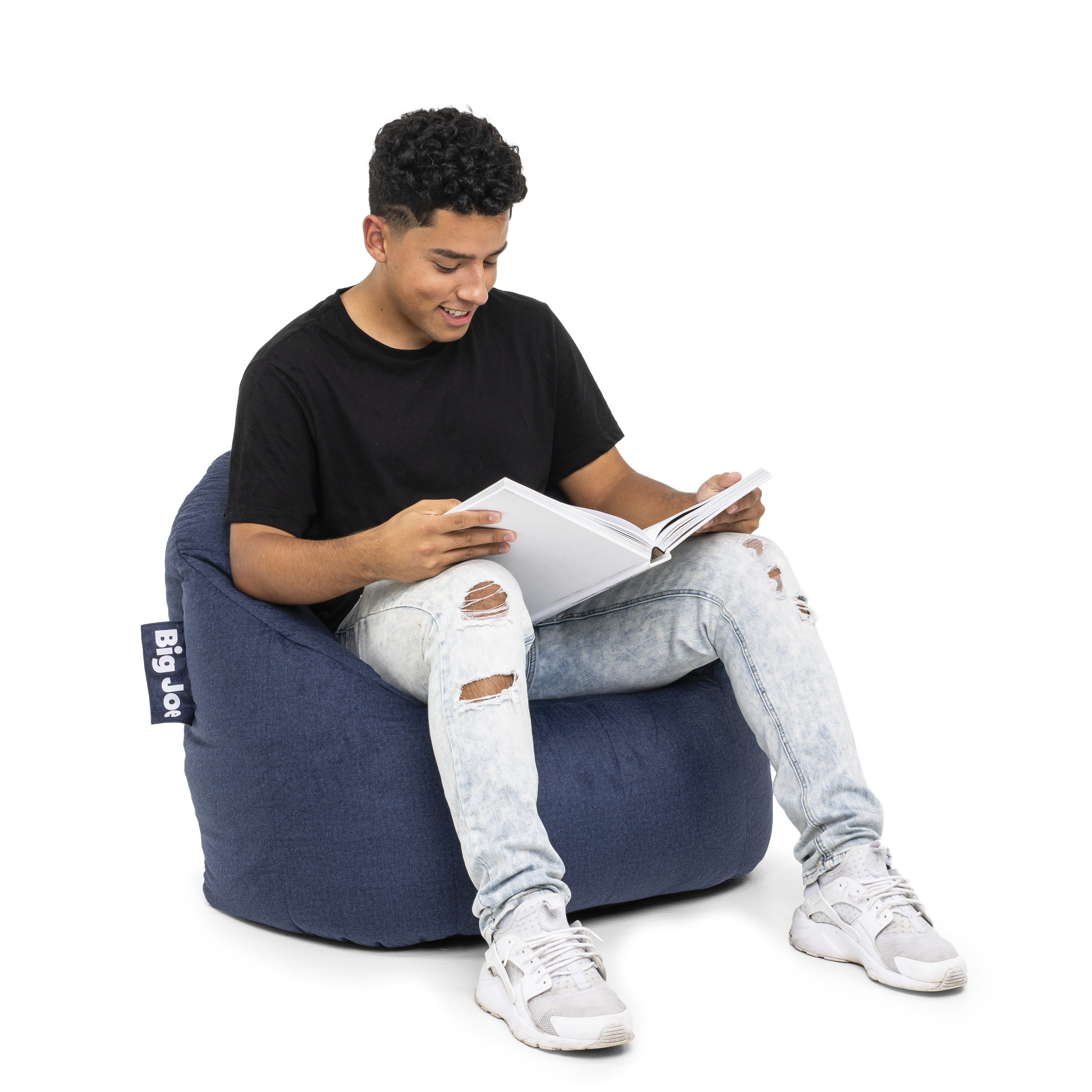 model sitting on a structured beanbag chair