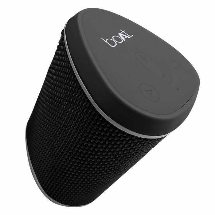 A black cylindrical speaker from boAt.