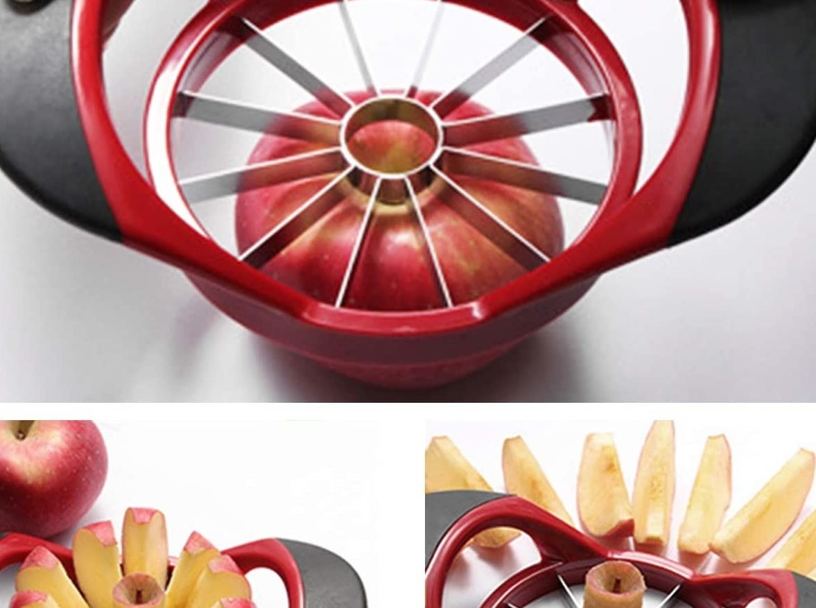 A person using the core removing slicer tool on an apple