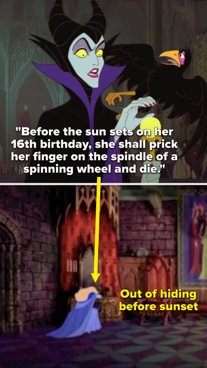 Maleficent says, &quot;Before the sun sets on her 16th birthday, she shall prick her finger on the spindle of a spinning wheel and die,&quot; But Aurora is back home alone on her sixteenth birthday