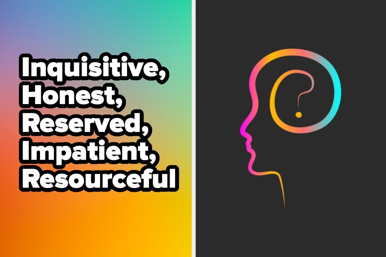 Words "Inquisitive, honest, reserved, impatient, resourceful" with face outline
