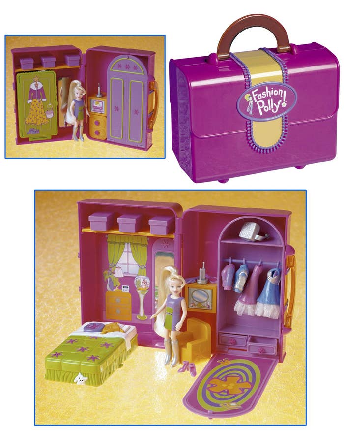 Mattel&#x27;s Polly Super Stylin&#x27; Bedroom on display — the toy was advertised to look like a pink purse but opens to a bedroom packed with a Polly Pocket, Polly-stretch clothes, and accessories