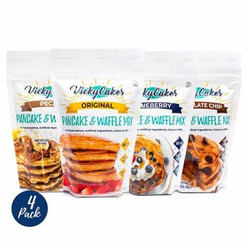 Four pouches of different-flavored pancake mixes 