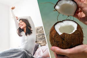 person stretching and coconut