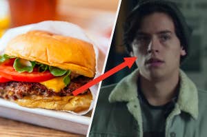 A cheeseburger with lettuce and tomatoes sits in a paper wrapper and Jughead Jones stands with his head pulled back in shock.