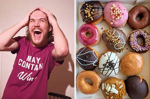 On the left, Bo Burnham pushing his hair back and smiling while singing "White Woman's Instagram," and on the right, a box of various frosted donuts