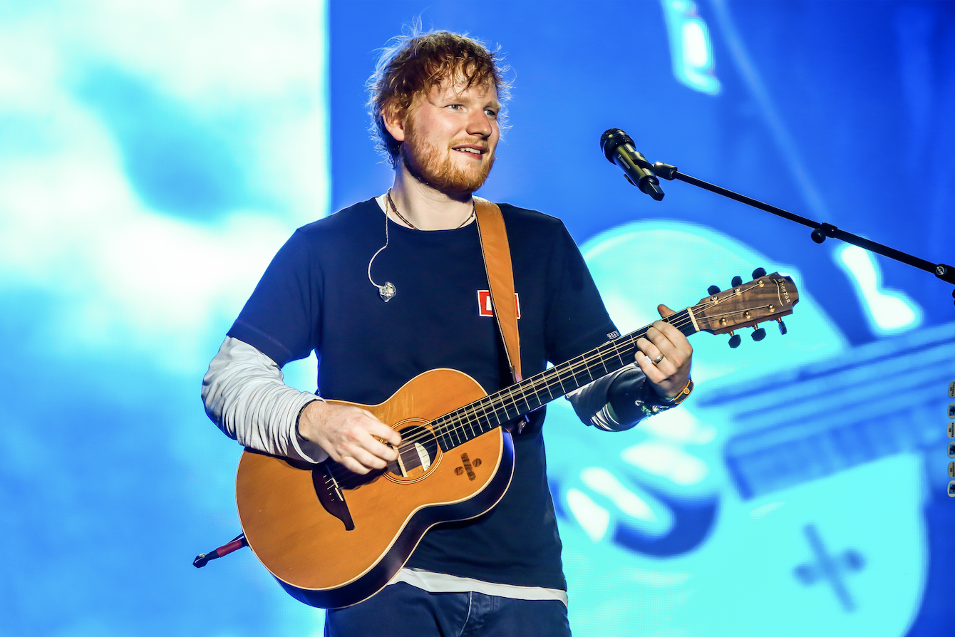 Ed Sheeran, English singer, songwriter, guitarist, record producer, and actor, performs during the first day of Sziget Festival in Budapest