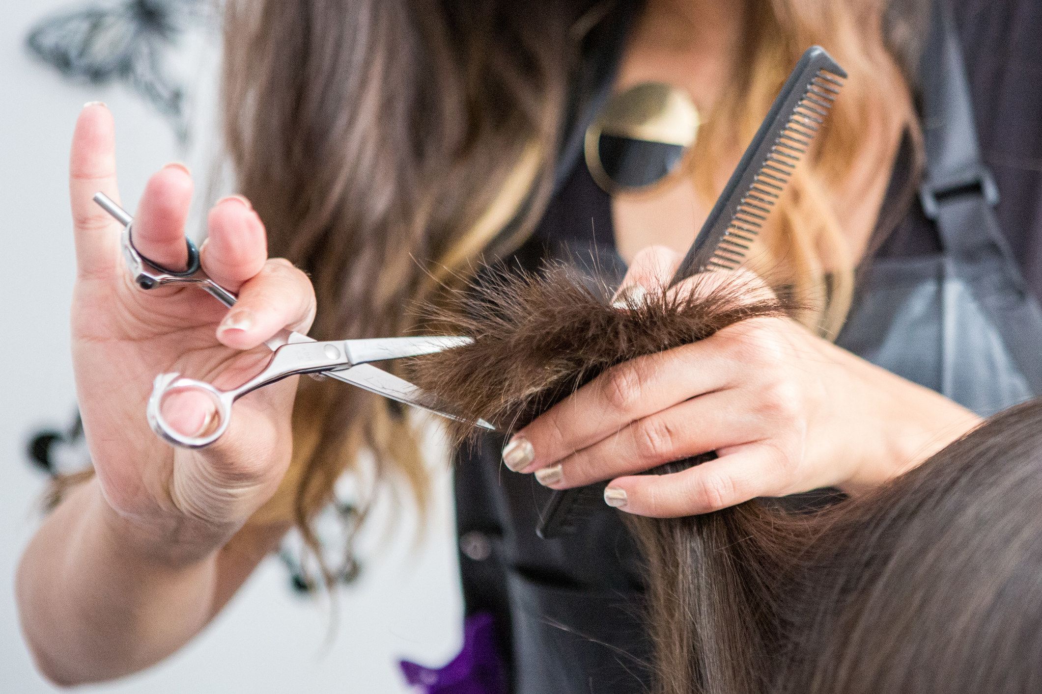 A hairdresser cuts a client&#x27;s hair