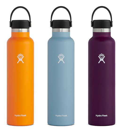 Three Hydro Flask 24-oz bottles in orange, blue, and purple
