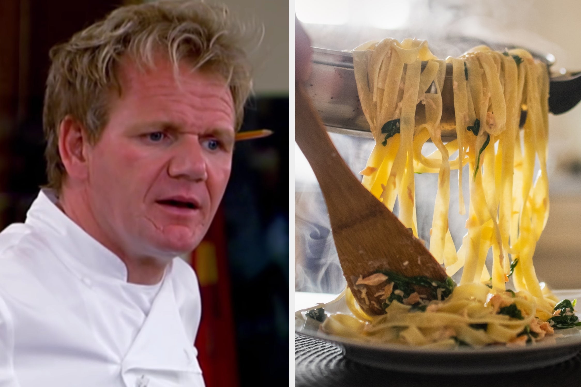gordon ramsay on the left looking concerned and someone spooning pasta from a pan onto the plate on the right