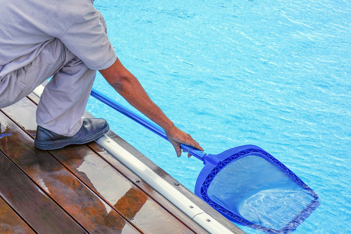 Someone uses a scoop to clean a pool