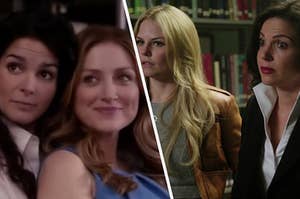 Jane Rizzoli holds Maura Isles from behind while Emma Swan stands with her hands on her hips and Regina Mills has both eyebrows arched.