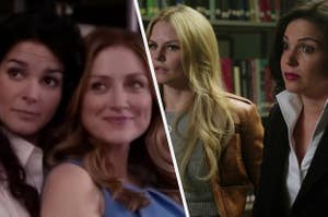 Jane Rizzoli holds Maura Isles from behind while Emma Swan stands with her hands on her hips and Regina Mills has both eyebrows arched.