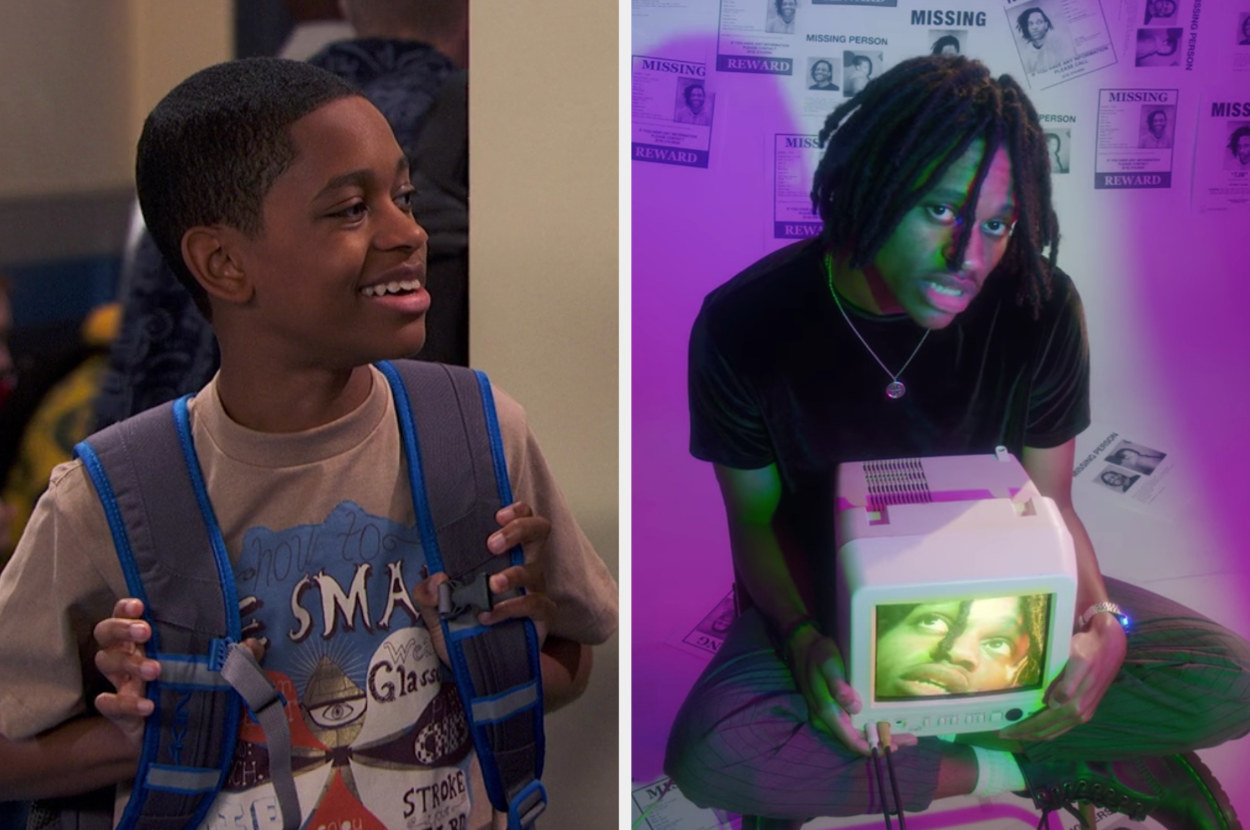 On the left, Williams is in character talking to his friends at school. On the right, he is in a music video holding a small computer monitor