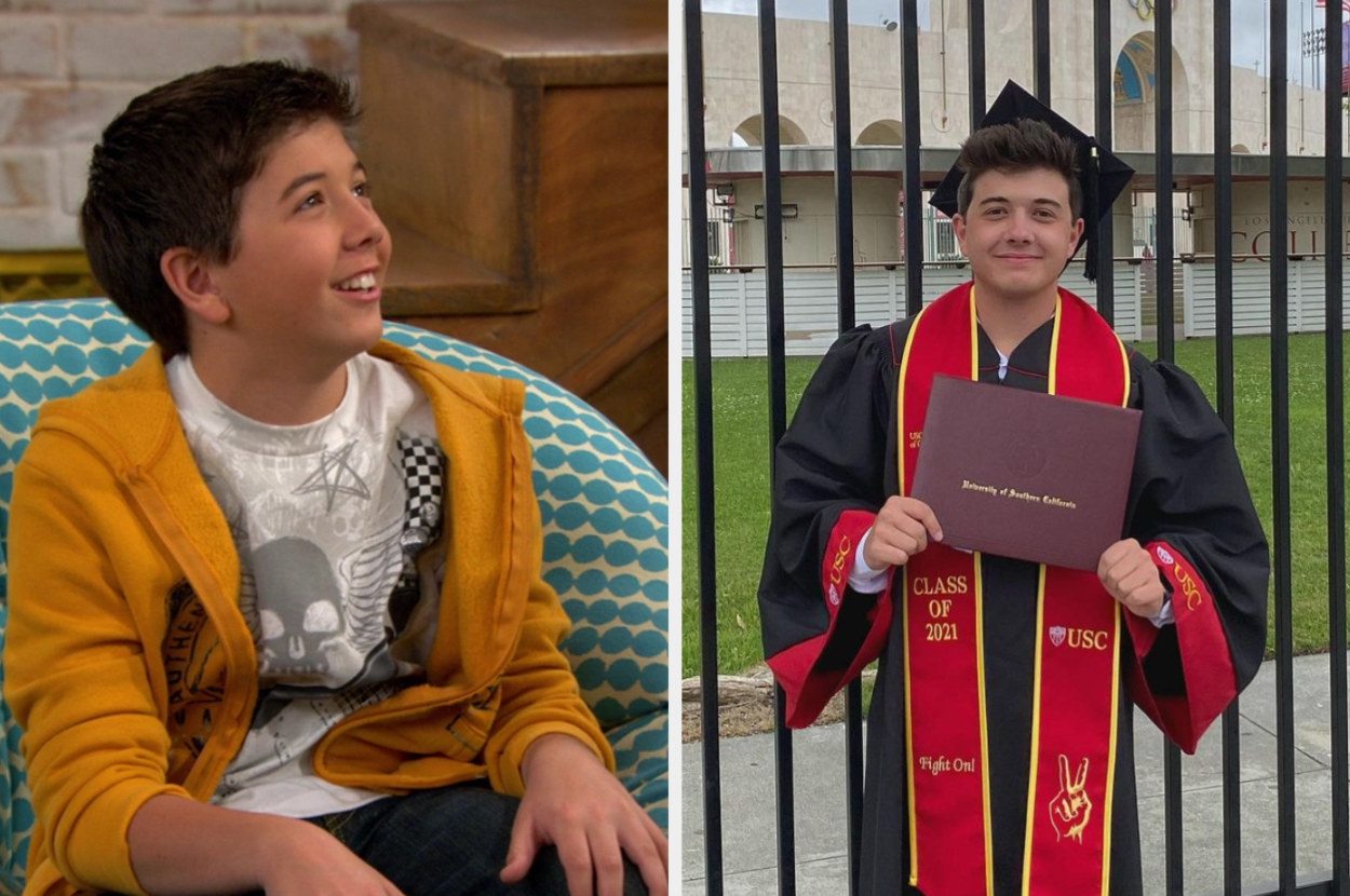 On the left Perry sits on a chair in character as Gabe. On the right, Perry is wearing a graduation robe and holding up his diploma