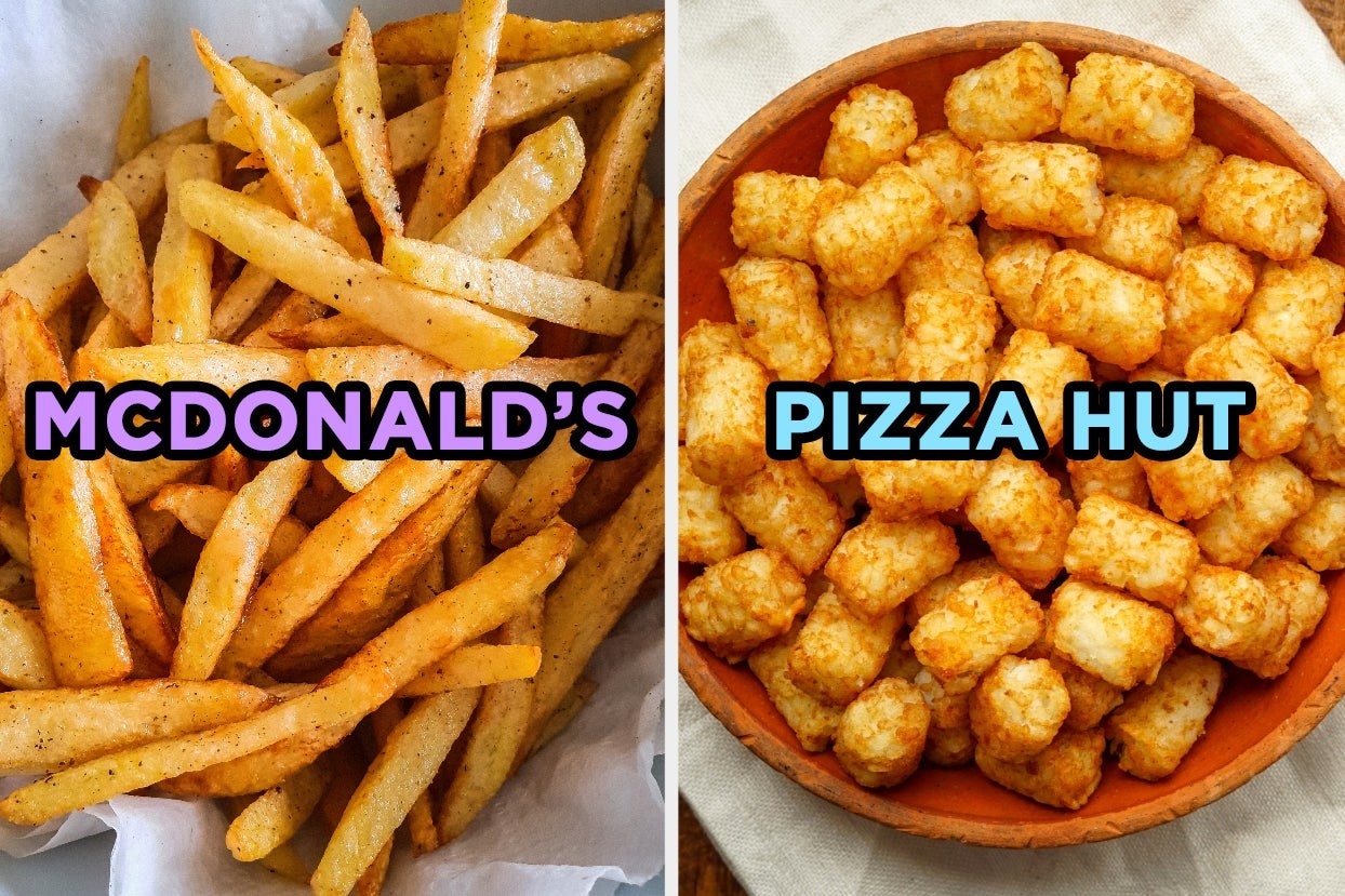 French fries with word &quot;McDonald&#x27;s&quot; and tater tots with words &quot;Pizza Hut&quot;
