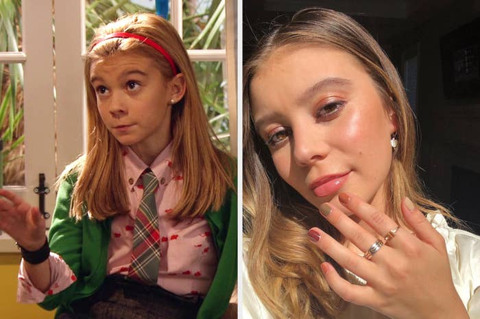 On the left, Hannelius is in character talking to her stepbrother. On the right, is a selfie of Hannelius posing with her painted nails