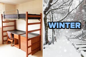 On the left, a bare dorm room with a bunk bed in a corner, and on the right, a snow-covered city street labeled "winter"