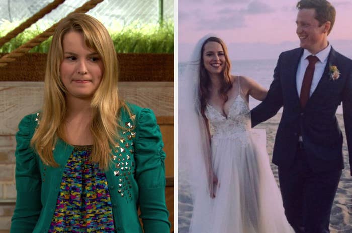 On the left, Mendler is in character looking disappointedly at her brothers. On the right, Mendler is standing with her husband on her wedding day