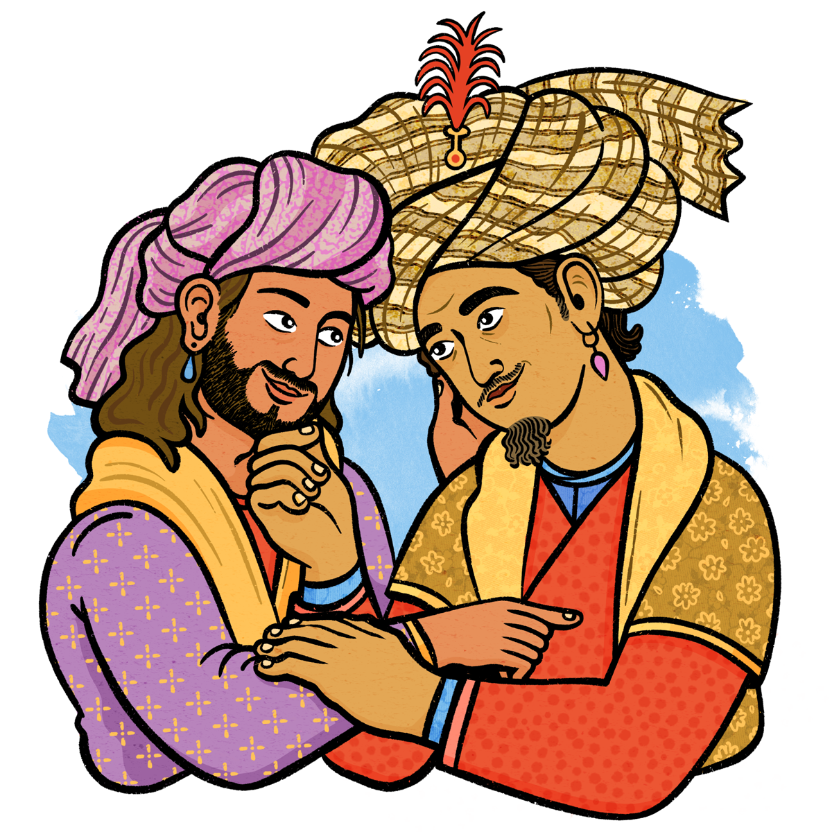 两个波斯人拥抱，穿着历史时尚