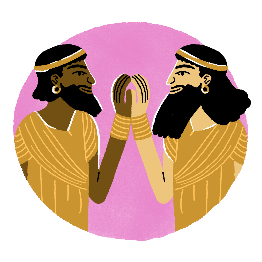 Two male figures in ancient clothing, touching hands against a colorful backdrop