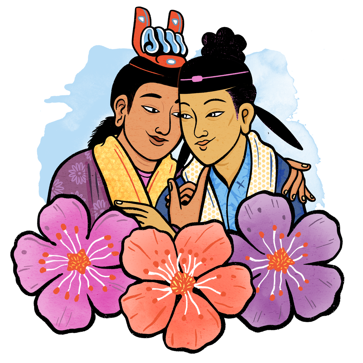 Two queer Chinese men in historic clothing embracing, surrounded by flowers