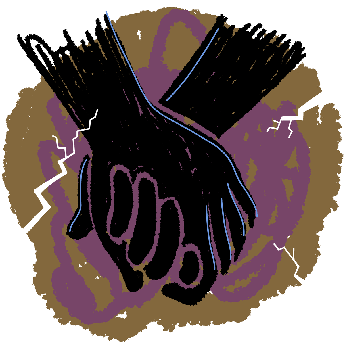 Cave painting of two silhouetted hands holding one another