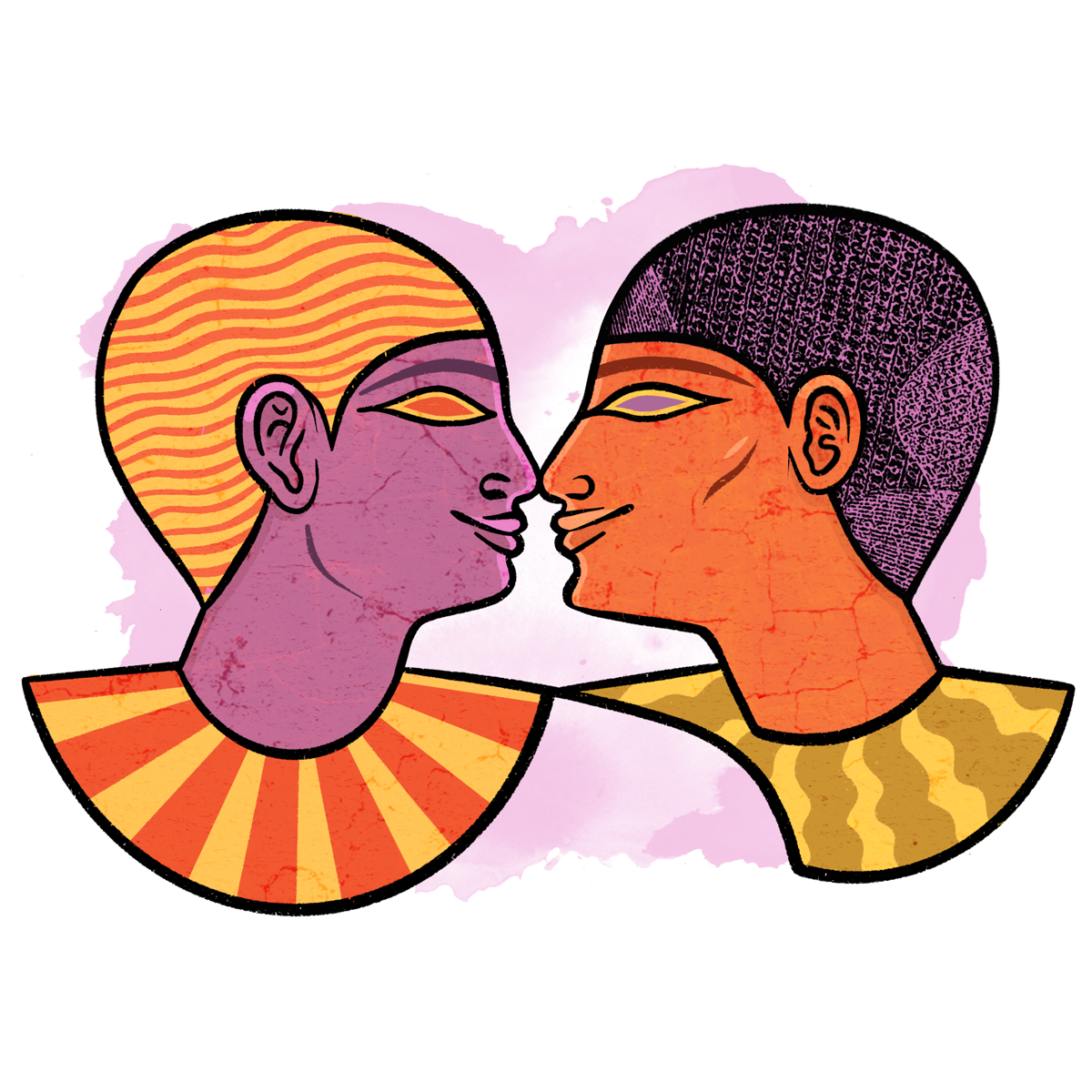 Stylized illustration of Ancient Egyptian men touching noses