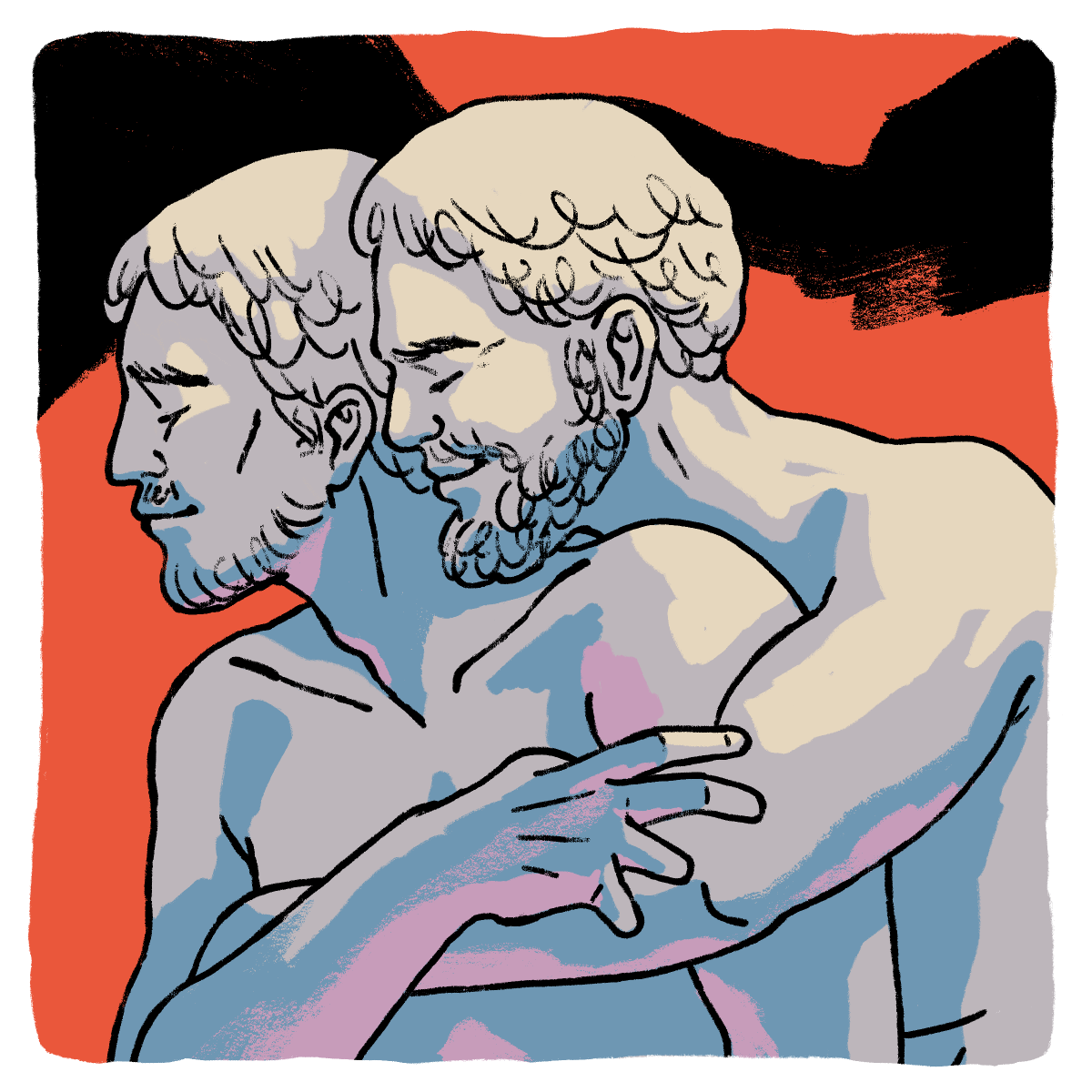 Two statues of nude Greek men embracing one another