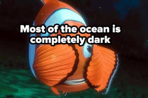 Martin from "Finding Nemo" closing his eyes, captioned most of the ocean is completely dark
