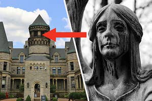 A haunted prison beside an angel statue with black tears falling down its face