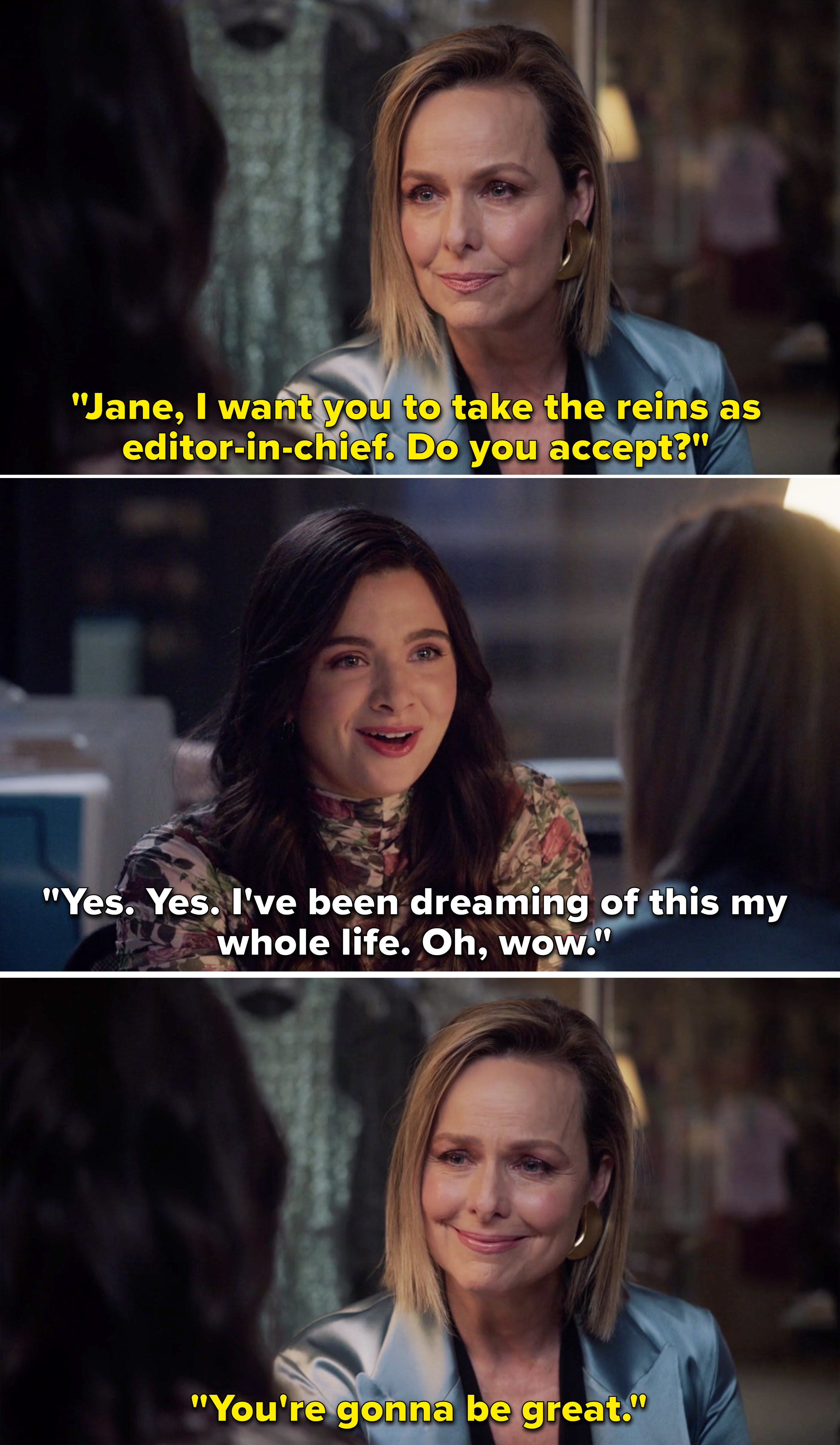 Jacqueline telling Jane, &quot;I want you to take the reins as editor in chief. Do you accept?&quot;