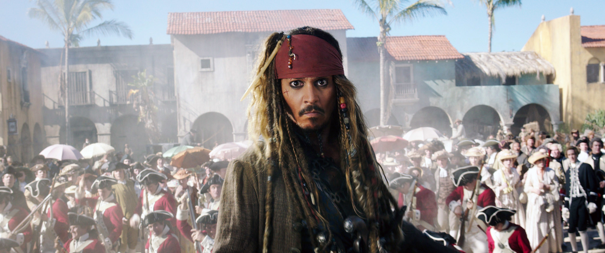 Jack Sparrow in front of a crowd of soldiers