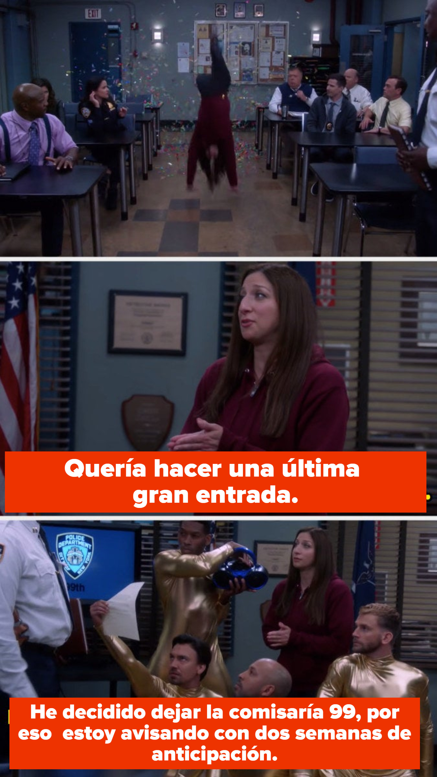 Gina Linetti saying, "I wanted to make one final grand entrance. I've decided to leave the Nine-Nine, which is why I'm handing in my two weeks' notice"