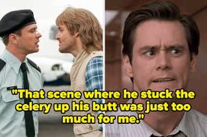 Ryan Phillippe and Will Forte's characters arguing in MacGruber and a reaction image of Jim Carrey in Liar Liar looking perturbed with the caption "That scene where he stuck the celery up his butt was just too much for me"