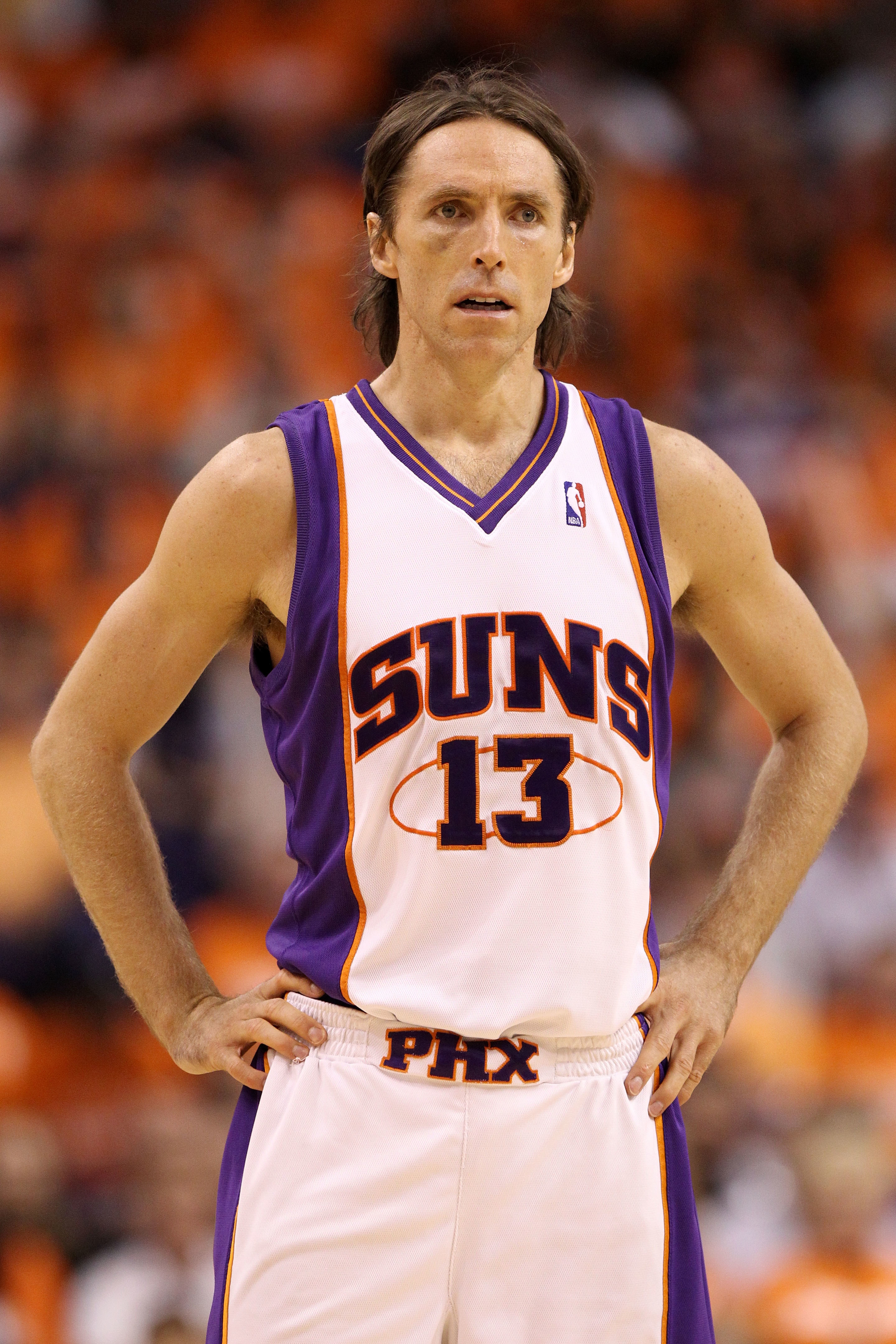 White Suns jersey with purple lettering and orange outlining