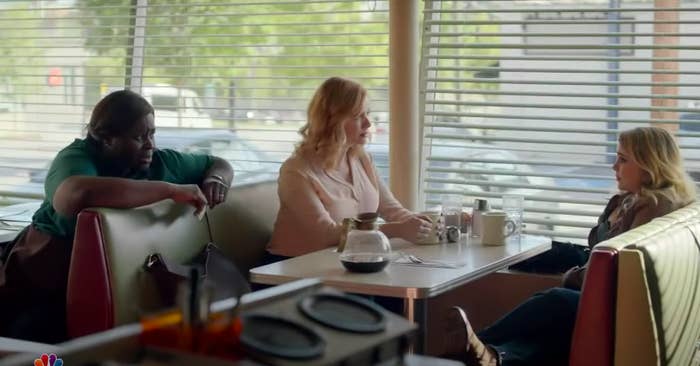 Retta, Christina Hendricks, and Mae Whitman sit in a diner during a scene from Good Girls