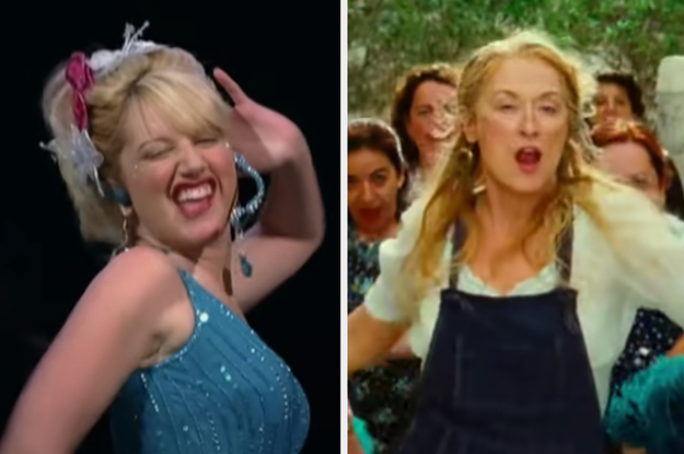 Sharpay is on the left dancing with the cast of "Mamma Mia" singing on the right
