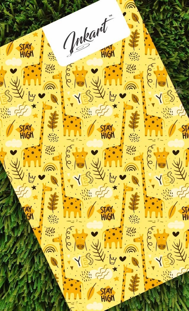 A yellow notebook with giraffe doodles