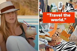 Sarah Jessica Parker is on the left holding a drink with a mood board on the right labeled, "Travel the world."