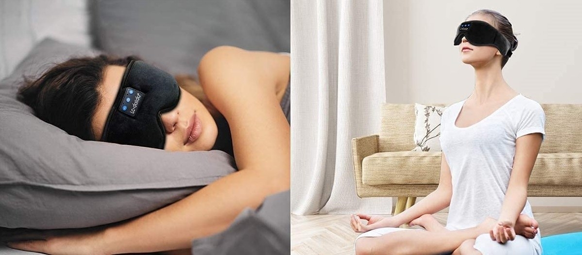 Two images of people wearing a sleep mask over their eyes