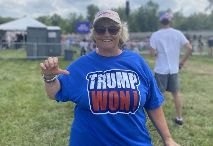 Woman smiles while wearing a &quot;Trump Won!&quot; T-shirt